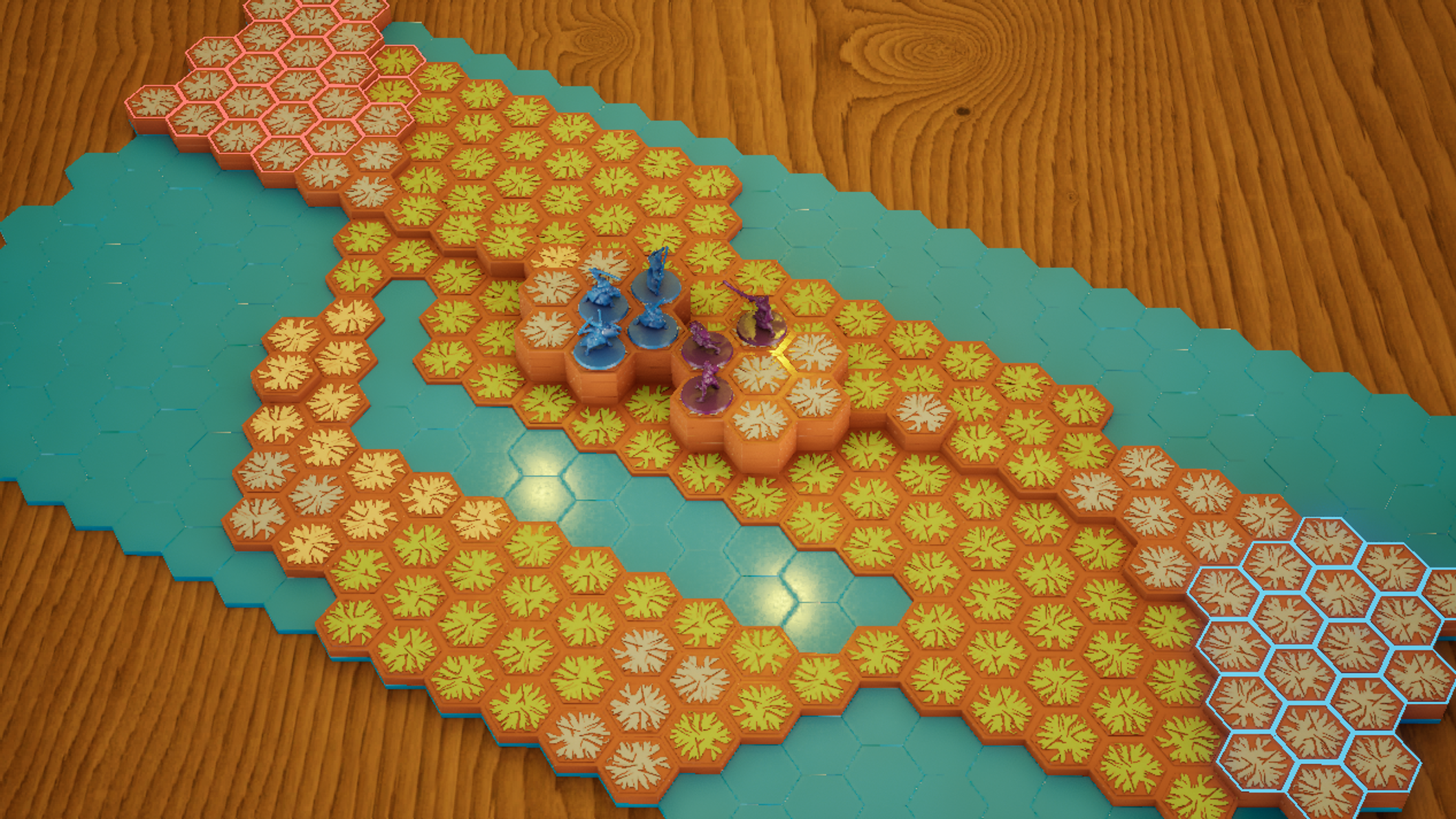 Overhead view of the rebuilt Heroscape battlefield, with opposing miniature squads, layered hex terrain, and turquoise water on a wooden tabletop